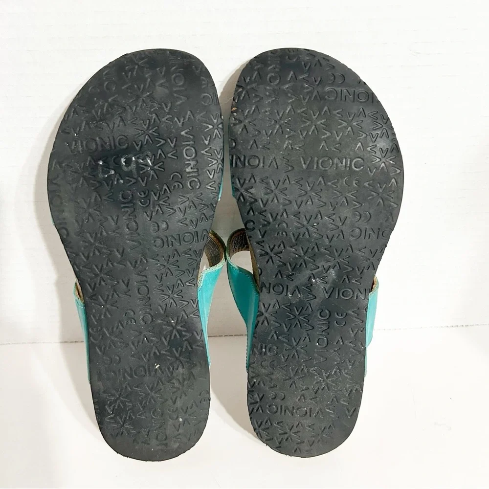 Vionic Teal Leather Pamplona Slide Sandals Cork Orthaheel Footbed Rubber Tread🩵